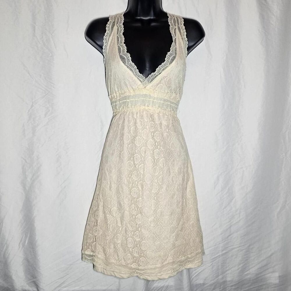 vintage y2k 2000s cream lace v neck boho fairy whimsical a-line dress